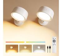FULEN Aplique de Pared Interior, 2 Piezas Lámpara de LED Recargable 8000mAh con 18 Colores, Táctil y por Control Remoto, 360° Lámpara de Pared Inalámbrica para Mesita de Noche en Dormitorio, Blanco