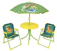 Fun House 713464 Jurassic World - Salón de jardín con Dinosaurios para niños con Mesa (46 x 46 cm, 2 sillas de Altura de 53 x 38,5 x 37,5 cm y un Parasol H.125 x 100 cm, Multicolor