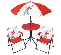 Fun House 713592 Juegos OLÍMPICOS PARÍS 2024 SALÓN DE JARDÍN JO para NIÑOS con UNA Mesa H.46 X Ø46 CM, Dos SILLAS H.53 X L.38,5 X P.37,5 CM Y UN Parasol H.125 X Ø 100 CM, Blanco Rojo, niño