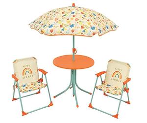 FUN HOUSE Fruity's Salon de jardin - 1 table H.46 x ø46 cm, 2 chaises H.53xl.38,5xP.37,5 cm et 1 parasol H.125 x ø100 cm