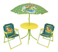 Fun House Mobiliario de Jardín Jurassic Dinosaur: Mesa (46x46cm), 2 Sillas (53x38.5x37.5cm) y Sombrilla (125x100cm)