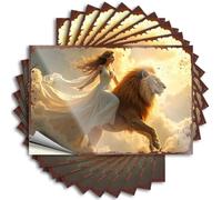 Funda de calcomanías High Golden Dreams: Una mujer de blanco montando un león a través de las nubes para agricultores, fácil de despegar (6 x 9 cm)