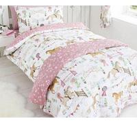 Funda de cama para caballos Unyqoos® de 138 x 200 cm – apta para camas de 140 x 200 cm, diseño reversible con motivos de caballos saltando y flores rosas, 50% algodón/50% poliéster, incluye una funda