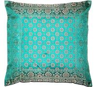 Funda de cojín de seda verde turquesa de Ruwado | Funda de almohada | Cojín | Cojín - 40 cm x 40 cm *** Tejido a mano y hecho a mano por Cashmere India Artisans ***