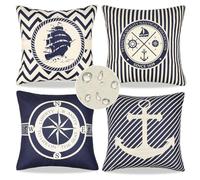 Funda de Cojines 50 x 50cm Impermeable Rayas Azules Fundas Cojines Lino Cushion Cover Verano Estilo Marinero Ancla Velero Funda de Cojín Para Sala de Estar Jardín Balcones Muebles Exterior