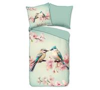 Funda de edredón Descanso, 155x220 cm + 1 funda de almohada de 80x80 cm - Dos pájaros en una rama con flores