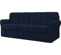 Funda de sofá elástica azul marino para 4 plazas, protector de pelo antideslizante para mascotas y niños, funda fácil de limpiar con respaldos separados, se adapta a 240-290 cm, duradera y elegante