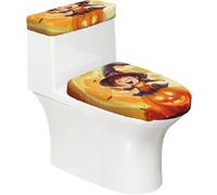 Funda elástica para tapa de inodoro y tapa de inodoro con parte inferior elástica, funda suave para asiento de inodoro de Halloween, bruja, calabaza sobre naranja, para decoración del hogar, juego de