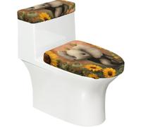 Funda elástica para tapa de inodoro y tapa de inodoro con parte inferior elástica, funda suave para asiento de inodoro, bonito elefante con girasoles y mariposas para decoración del hogar, juego de 2