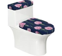 Funda elástica para tapa de inodoro y tapa de tanque de inodoro con parte inferior elástica, funda suave para asiento de inodoro, diseño de claveles rosas sobre azul para decoración del hogar, juego