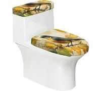 Funda elástica para tapa de inodoro y tapa de tanque de inodoro con parte inferior elástica, funda suave para asiento de inodoro, hojas de arce otoñales, pájaros para decoración del hogar, juego de 2