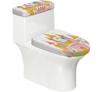 Funda elástica para tapa de inodoro y tapa de tanque de inodoro con parte inferior elástica, funda suave para asiento de inodoro, castillo de dibujos animados rosa para decoración del hogar, juego de