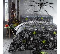 Funda Nórdica Arañas Halloween Bedlam - Tamaño Individual (140 x 200cm) - Reversible (2 Diseños) - Cuadro Negro - Brilla en la Oscuridad - Ropa de Cama de Araña en Gris - Decoraciones de Halloween