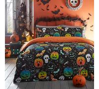 Funda Nórdica Calabaza & Calaveras Halloween Bedlam - Tamaño Doble (135 x 200cm) - Reversible (2 Diseños) - Brilla en la Oscuridad - Esqueleto & Murciélago en Negro - Decoraciones de Halloween