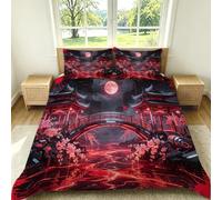 Funda Nordica Cama 105 Arquitectura Japonesa Neón Cibernético Funda Edredon Microfibra Suave 3D Juego de Ropa de Cama Rojo Funda Nordica 200x200 y 2 Fundas de Almohada 50x75 cm G-1187