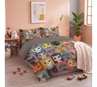 Funda Nordica Cama 135 Estampado Tablero Ajedrez Animales Divertido Lindos Gatos Perros con Almohada 50X75 Cm - Funda Edredón 200X200Cm De Microfibra - Ropa De Cama Gris 3 Piezas para Niña