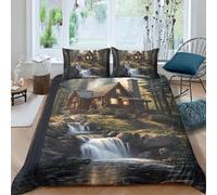 Funda Nordica Cama 80/90 Casa de Madera Ropa de Cama 3D Bosque Microfibra Suave 3 Piezas Include 1 Fundas Nórdica 135x200 cm y 2 Fundas de Almohada 50x75cm D-1386