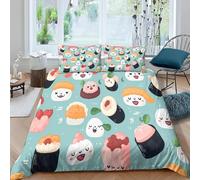 Funda Nordica Cama 90 Sushi de Dibujos Animados Impresión 3D Ropa de Cama Gastronomía Japonesa Suave Microfibra Funda de Edredón 150x200 con Cremallera y 2 Fundas De Almohada 50x75 s.1742
