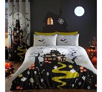 Funda Nórdica Casa Embrujada Halloween Bedlam - Tamaño Individual (140 x 200cm) - Brilla en la Oscuridad - Mansión Embrujada - Decoraciones de Halloween - Cortina a Juego Disponible