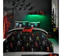 Funda Nórdica de Esqueleto Halloween Bedlam - Tamaño Doble (200 x 200cm) - Reversible (2 Diseños) - Brilla en la Oscuridad - Esqueletos Bailarines & Calaveras - Ropa de Cama y Decoración de Halloween