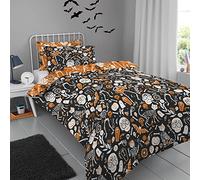 Funda Nórdica Día de los Muertos Halloween Bedlam - Individual (140x200cm) - Reversible 2 Colores - Brilla en la Oscuridad - Esqueletos, Fantasmas, Murciélagos & Calaveras - Ropa de Cama Halloween