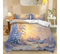 Funda Nordica Paisaje Invernal Nieve Blanca Cabaña Suave Fundas Nordicas 220x240cm y 2 Fundas de Almohada 50x75cm, Color Naranja Ropa de Cama 3 Piezas, Microfibra Fundas Nordicas