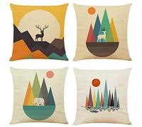 Fundas de Cojín 40x40cm Modernas Funda de Almohada de Lino Suave Animales geométricos de montaña Funda de Almohada Cuadrado Juego de 4 Funda de Cojines Decorativa para Sofá,Cama Hogar,Coche,Interior
