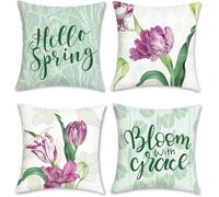 Fundas de cojín con motivos de tulipanes, 45 x 45 cm, diseño de flores de primavera, funda decorativa para cojín, fundas suaves de terciopelo para sofá