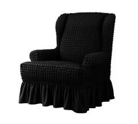 Fundas para sillones orejeros con faldón, Fundas de Tela Seersucker para si | Funda elástica protectora para sillón de salón, color negro.
