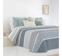Fundeco - Colcha Entretiempo Cama 135 Diseño Reversible de Rayas y Efecto Semiliso Color Azul - Medida 235x270 cm - Incluye 2 Fundas de Cojín 50x70