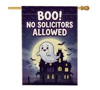 Funny Ghost No Soliciting - Bandera de casa de Halloween, 71 x 101 cm | Divertido letrero de casa, bandera de patio, silueta de mansión encantada, fondo de luna llena, decoración de patio de