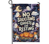Funny Ghost No Soliciting - Bandera de jardín de Halloween de 12 x 18 | Cita humorística, bandera de patio, decoración de temporada de otoño, ambiente nocturno, ilustración fantástica