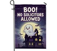 Funny Ghost No Soliciting - Bandera de jardín de Halloween de 12 x 18 | Divertido letrero de casa, bandera de patio, silueta de mansión encantada, fondo de luna llena, decoración de patio de