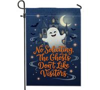 Funny No Soliciting Ghost - Bandera de jardín de Halloween de 12 x 18 | Ilustración de casa encantada, bandera de césped, luna creciente, murciélagos voladores, tipografía fantástica