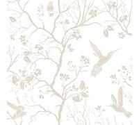 FunStick Papel Pintado Autoadhesivo Flores y Pajaros Vinilo Adhesivo Decorativo Baño Casa de Campo Papel Mural Pintado Pared Floral Vintage Blanco Beige Vinilos Puertas Armarios Dormitorio 44.5CMx3M
