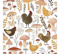 FunStick Papel Pintado Setas Animales Casa de Campo Papel Pintado Autoadhesivo Blanco Beige Vinilo Adhesivo Pared Cocina Dormitorio Infantil Pollo de Granja Vinilo Adhesivo Setas y Hojas 44.5CMx3M