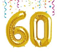 FUNXGO® Globo de aluminio con el número 60 dorado, número gigante, aprox. 100 cm, vuela con helio, 60 cumpleaños, decoración para cumpleaños, fiestas, bodas, globos dorados 60