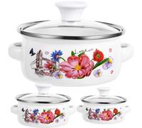FUOYLOO Set de 3 Ollas Esmaltadas Mini Fondo Plano, Ligeras y Flexibles, Ideales para Hervir Leche y Preparar Avena, Diseño Elegante Patrón Encantador