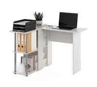 Furinno Abbott Escritorio en Forma de L con estantería, Madera, Roble Blanco/Acero Inoxidable, 87.63 (D) x 104.39 (W) x 73.41 (H) cm