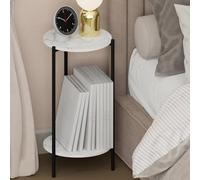 Furinno BESI Mesita de Noche Redonda Alta de 2 Niveles con Patas de Metal, Mesa Auxiliar Estrecha con Estructura de Metal y Estante Abierto, Mesa Lateral, para Dormitorio, Sala de Estar, Blanco Mármol