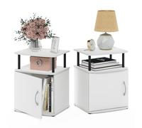 Furinno Jaya Juego de 2 Mesas Laterales, Mesa Final de 2 Niveles con Estante Abierto y Gabinete con Puerta, Mesita de Noche de Bordes Suaves, Mesa de Cabecera, para Sala de Estar y Dormitorio, Blanca
