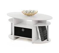 Furinno Jaya Sencilla Mesa de Centro Ovalada con Papelera, Engineered Wood, Roble Blanco/Acero Inoxidable/Negro, 50 (D) x 89.9 (W) x 41.7 (H) cm