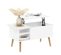 Furinno Jensen Mesa de Centro Elevable con Patas de Madera, Compartimento Oculto y Estante Lateral Abierto para Salones, Blanco Sólido