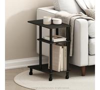Furinno TURN-N-TUBE - Mesa auxiliar de 3 niveles en forma de C con ruedas, mesita de noche de montaje sin herramientas, mesita de noche con estante abierto, para sala de estar, dormitorio, color negro