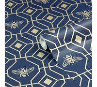 furn. Bee Deco - Papel Pintado Decorativo de Pared, Estampado Geométrico, Color Azul Oscuro