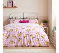 furn. Heya Home Gingham Lemons Juego De Funda - Reversible Suave Y Duradero Polialgodón Ropa De Cama De Fruta (Rosa - 260x220cm)