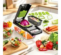 Furnestorica Cortaverduras multifuncional 16 piezas, recipiente incluido. Acero inoxidable 420, corta verduras y frutas en cubos, picadora cocina con cuchillas intercambiables