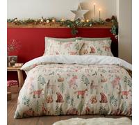 Fusion - Funda nórdica de Forro Polar con Animales del Bosque - 230 x 220 cm - Diseño Reversible - 2 Fundas de Almohada - Ropa de Cama Woodland en Color Natural - Ropa de Cama navideña Natural