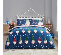 Fusion - Funda Nórdica Gonk Navideña Azul Marino - 200 x 200 cm - Reversible (2 Colores) - 100% Algodón - 2 Fundas de Almohada Incluidas - Funda Nórdica Gnomo Navideño - Ropa de Cama Navideña