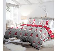Fusion - Funda Nórdica Gonk Navideño Rojo - 200 x 200 cm - Reversible (2 Colores) - 100% Algodón - 2 Fundas de Almohada Incluidas - Funda Nórdica Gnomo Navideño - Ropa de Cama Navideña (Rojo/Gris)